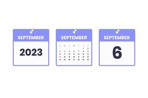 September calendar design. September 6 2023 calendar icon for schedule, appointment, important date concept vector