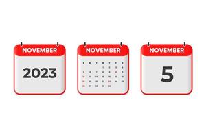 November 2023 calendar design. 5th November 2023 calendar icon for schedule, appointment, important date concept vector