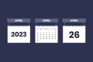 26 April 2023 calendar icon for schedule, appointment, important date concept vector