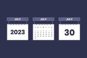 30 de julio de 2023 icono de calendario para horario, cita, concepto de fecha importante vector