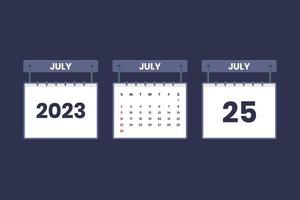 25 July 2023 calendar icon for schedule, appointment, important date concept vector