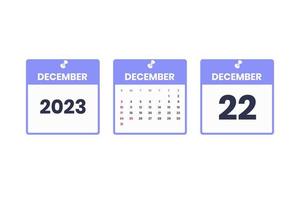 December calendar design. December 22 2023 calendar icon for schedule, appointment, important date concept vector