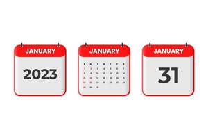 January 2023 calendar design. 31st January 2023 calendar icon for schedule, appointment, important date concept vector