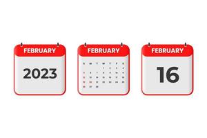 February 2023 calendar design. 16th February 2023 calendar icon for schedule, appointment, important date concept vector