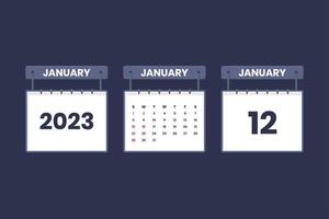 12 de enero de 2023 icono de calendario para horario, cita, concepto de fecha importante vector