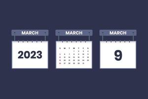 9 March 2023 calendar icon for schedule, appointment, important date concept vector