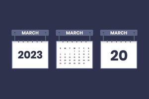 20 March 2023 calendar icon for schedule, appointment, important date concept vector