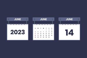 14 de junio de 2023 icono de calendario para horario, cita, concepto de fecha importante vector