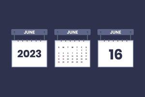 16 de junio de 2023 icono de calendario para horario, cita, concepto de fecha importante vector