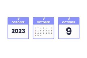 October calendar design. October 9 2023 calendar icon for schedule, appointment, important date concept vector