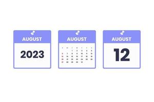 August calendar design. August 12 2023 calendar icon for schedule, appointment, important date concept vector