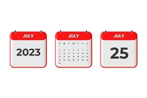 diseño de calendario de julio de 2023. 25 de julio de 2023 icono de calendario para horario, cita, concepto de fecha importante vector