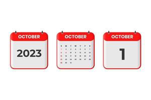 October 2023 calendar design. 1st October 2023 calendar icon for schedule, appointment, important date concept vector