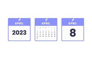 April calendar design. April 8 2023 calendar icon for schedule, appointment, important date concept vector