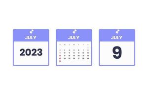 July calendar design. July 9 2023 calendar icon for schedule, appointment, important date concept vector