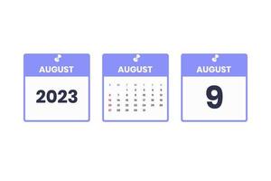 August calendar design. August 9 2023 calendar icon for schedule, appointment, important date concept vector