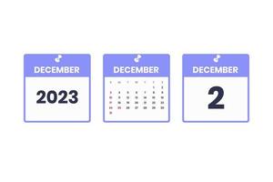 December calendar design. December 2 2023 calendar icon for schedule, appointment, important date concept vector