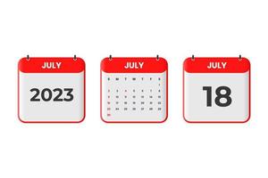 July 2023 calendar design. 18th July 2023 calendar icon for schedule, appointment, important date concept vector