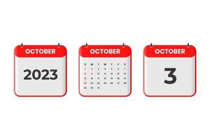 October 2023 calendar design. 3rd October 2023 calendar icon for schedule, appointment, important date concept vector