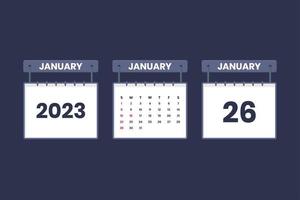 26 January 2023 calendar icon for schedule, appointment, important date concept vector