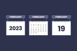 19 de febrero de 2023 icono de calendario para horario, cita, concepto de fecha importante vector