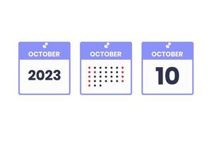 10 de octubre icono de diseño de calendario. calendario 2023, cita, concepto de fecha importante vector