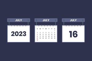 16 July 2023 calendar icon for schedule, appointment, important date concept vector