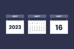 16 de julio de 2023 icono de calendario para horario, cita, concepto de fecha importante vector