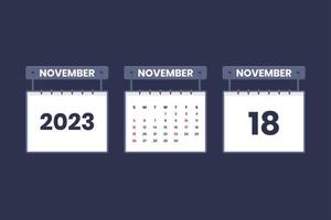 18 de noviembre de 2023 icono de calendario para horario, cita, concepto de fecha importante vector