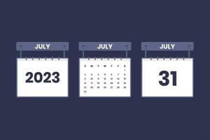 31 de julio de 2023 icono de calendario para horario, cita, concepto de fecha importante vector