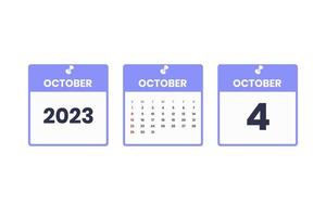 October calendar design. October 4 2023 calendar icon for schedule, appointment, important date concept vector