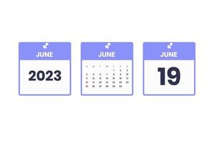 June calendar design. June 19 2023 calendar icon for schedule, appointment, important date concept vector