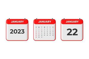 diseño de calendario de enero de 2023. 22 de enero de 2023 icono de calendario para horario, cita, concepto de fecha importante vector