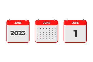 June 2023 calendar design. 1st June 2023 calendar icon for schedule, appointment, important date concept vector