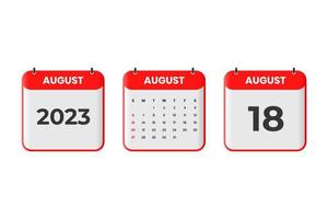 August 2023 calendar design. 18th August 2023 calendar icon for schedule, appointment, important date concept vector