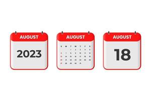 August 2023 calendar design. 18th August 2023 calendar icon for schedule, appointment, important date concept vector