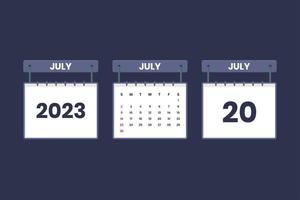 20 July 2023 calendar icon for schedule, appointment, important date concept vector