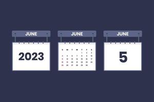 5 de junio de 2023 icono de calendario para horario, cita, concepto de fecha importante vector