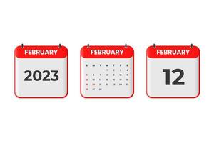 February 2023 calendar design. 12th February 2023 calendar icon for schedule, appointment, important date concept vector