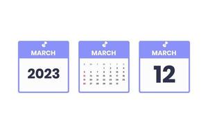 March calendar design. March 12 2023 calendar icon for schedule, appointment, important date concept vector