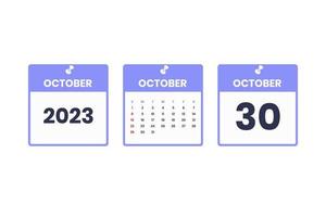 October calendar design. October 30 2023 calendar icon for schedule, appointment, important date concept vector