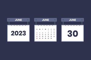 30 de junio de 2023 icono de calendario para horario, cita, concepto de fecha importante vector