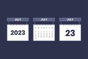 23 July 2023 calendar icon for schedule, appointment, important date concept vector