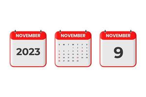 November 2023 calendar design. 9th November 2023 calendar icon for schedule, appointment, important date concept vector