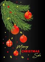 banner de venta con bolas de navidad en colores rojo y dorado en el árbol de navidad. vector