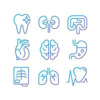 Organs regular checkup pixel perfect gradient linear vector icons set. Medical service. Disease treatment. Thin line contour symbol designs bundle. Isolated outline illustrations collection