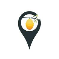 Pin pointer location for GPS shaped honey hive. Cute honey hive and gps icon in modern design style. vector