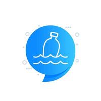 botella de plástico en el océano, icono de la línea de contaminación del agua vector