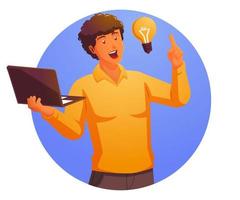 a man carrying a laptop and thinking with a lightbulb vector