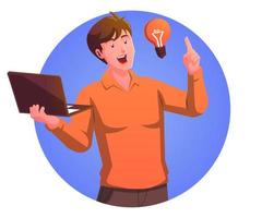 a man carrying a laptop and thinking with a lightbulb vector